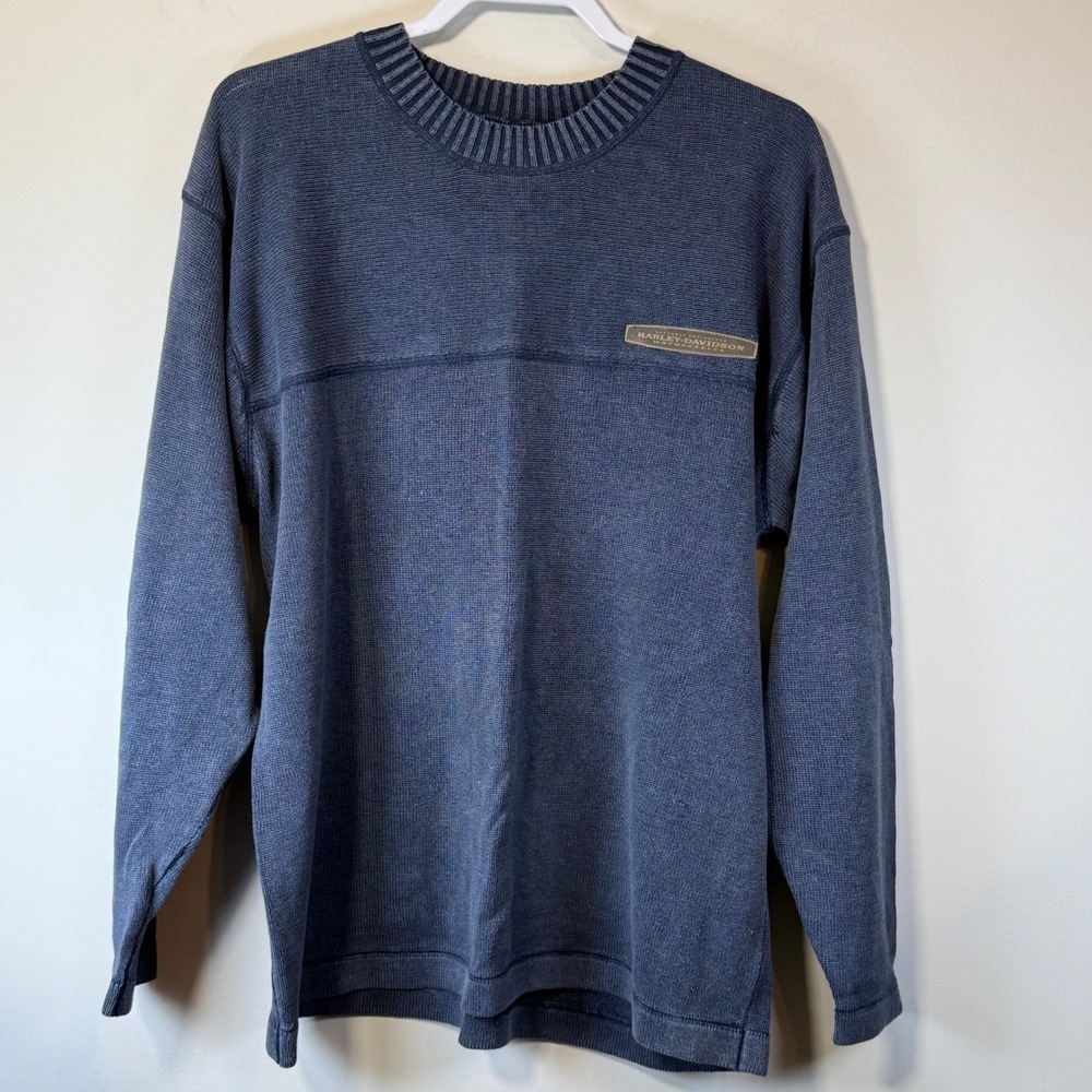 Good Harley-Davidson Knit Sweater Mens Large Blue Vintage Ramie Cotton Blend